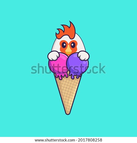 Cute chicken with sweet ice cream. Animal cartoon concept isolated. Can used for t-shirt, greeting card, invitation card or mascot.