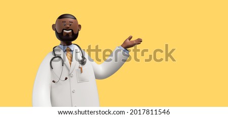 3d render. Happy doctor african cartoon character makes presentation. Clip art isolated on yellow background. Professional advice and recommendation
