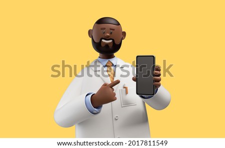 3d render. Happy doctor, african cartoon character shows smart phone device with blank screen. Clip art isolated on yellow background. Medical application concept