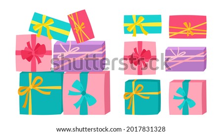 Gift Box pile with Ribbon Birthday party cartoon set. Holiday anniversary surprise gift symbol. Sale shopping Birthday, Christmas or Wedding jumble. Giveaway present mountain, stack gifts symbol