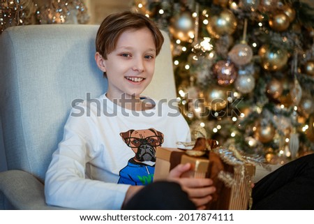 Happy boy sitting by the Christmas tree with a gift