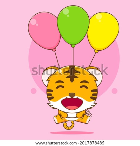 Cartoon illustration of cute tiger floating with balloons