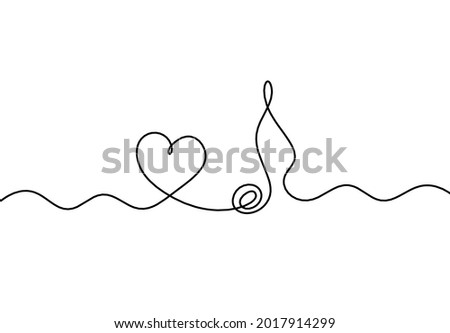 Abstract whole note with heart as continuous lines drawing on white background. Vector