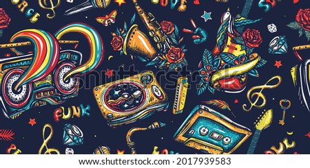 Retro music pattern. Musical instruments. Street lifestyle. Old school tattoo style. Dj vinyl, boom box, rock guitar and saxophone. Funny background. Jazz, funk, disco and soul concept 