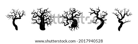 Set of black silhouettes of trees. Spooky horror design decoration for Halloween party. Spooky background for October party and invitations. Flat vector stock illustration.