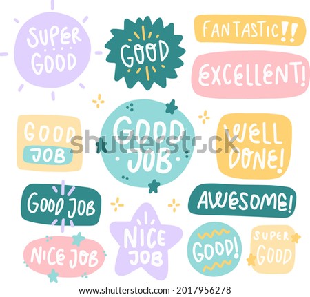 Job and great job stickers logo. School reward, encouragement sign, stamp. Student icon. Success, congrats, excellent work label. Awesome homework, well done. Educational kids design. Vector art.  Royalty-Free Stock Photo #2017956278