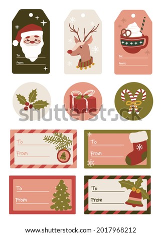 Set of merry christmas holiday santa claus, reindeer, candycane, gift and socks for christmas tags 