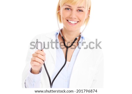 A picture of a happy doctor with stethoscope over white background