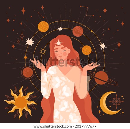 Mystical vintage style hand drawing. Portrait of a girl with stars and planets hovering around her head. Meditation, balance, spiritual calmness abstract concept. Flat cartoon vector illustration