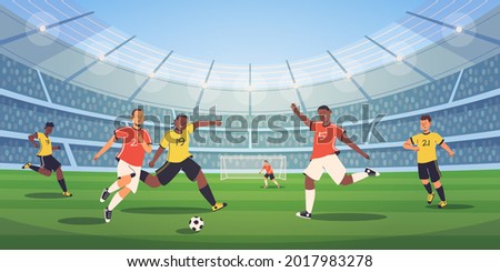 Soccer stadium players. Football match, athletes fighting, kicking ball, dynamic poses of people, different colors uniform, tense moment on field. Olympic sport. Vector flat cartoon isolated Royalty-Free Stock Photo #2017983278