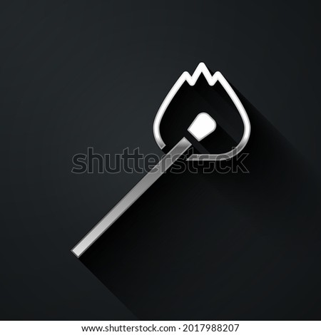 Silver Burning match with fire icon isolated on black background. Match with fire. Matches sign. Long shadow style. Vector