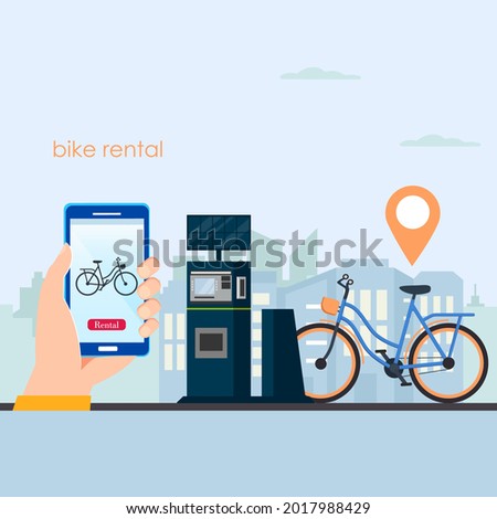 Bicycle sharing system with use smartphone for rent and paid. Smart service for rent bicycles in the city. Mobile app for sharing system. Flat vector template Style Suitable for Web Landing Page.