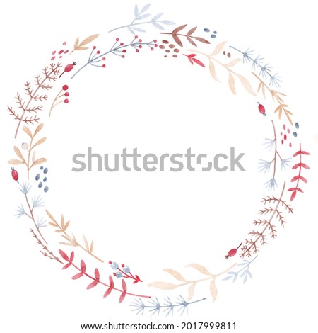 Beautiful winter floral frame with hand drawn watercolor cute flowers. Stock illustration.