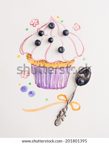 vintage spoon and painted watercolor cupcake