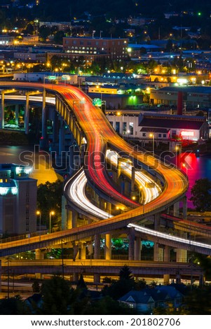 Portland, Oregon downtown freeway at night, long exposure