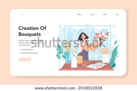 Florist web banner or landing page. Floral designer making bouquet for customer and events. Creative occupation in flower shop. Floristic business. Flat vector illustration Royalty-Free Stock Photo #2018032838