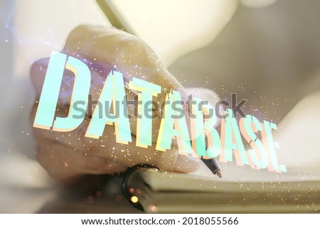 Double exposure of Database word sign with woman hand writing in diary on background, global research and analytics concept