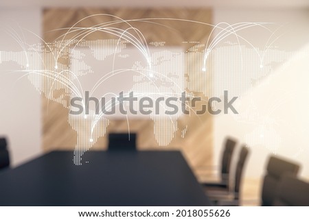 Double exposure of abstract digital world map hologram with connections on a modern meeting room background, research and strategy concept