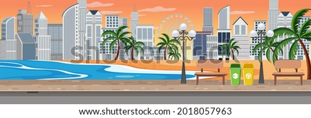 Beach at sunset scene with cityscape horizontal background illustration