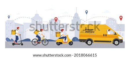 Online delivery service concept, online order tracking, home and office delivery. Vector illustration of couriers on a scooter, bicycle, car. Webpage, Application Design. City landscape background.