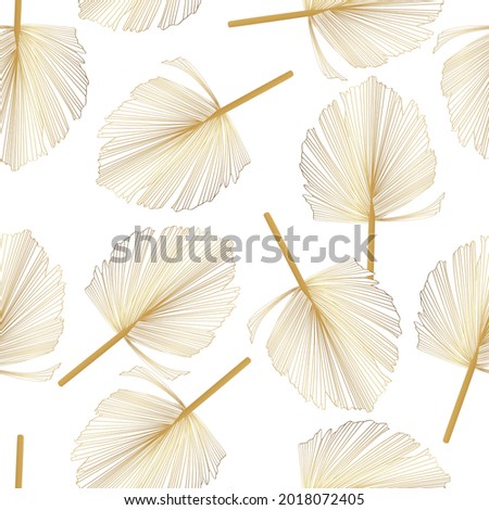 Foliage seamless pattern, fan palm leaves, golden line art ink drawing on white background.