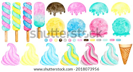 8012 Watercolor ice cream clipart set. Popslice, waffle cone, Scoop, soft ice cream, sprinkling isolated elements on white background