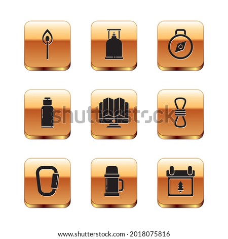 Set Burning match with fire, Carabiner, Thermos container, Location of the forest monitor, Canteen water bottle, Compass, Calendar tree and Camping gas stove icon. Vector
