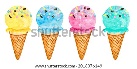  Watercolor Ice Cream. Strawberry, Lemon, Mint and Chocolate Ice Cream Scoop with Cone. Ice Cream Scoop Clip Art