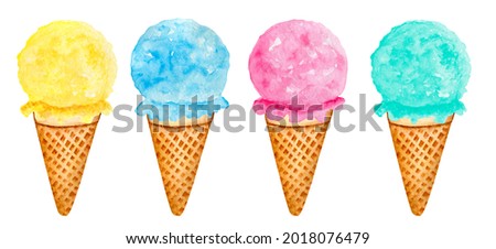  Watercolor set of ice cream Scoop in a waffle cone. Watercolor summer ice cream set