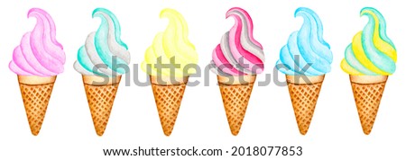 Watercolor soft ice cream in waffle cone, isolated on white background. Hand drawn illustration.