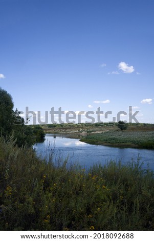 summer landscape: river, trees, meadow, blue sky with white clouds. vertical photo.