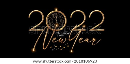 Happy 2022 New Year! Elegant Christmas congratulation with 3D realistic gold metal text. Royalty-Free Stock Photo #2018106920