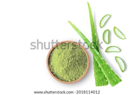 Aloe vera powder with fresh aloevera leaf and slice isolated on white background. Top view. Flat lay. Royalty-Free Stock Photo #2018114012
