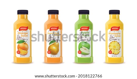 Realistic Detailed 3d Fresh Juice Plastic or Glass Bottle Set Include of Orange, Apple, Pear and Pineapple. Vector illustration Royalty-Free Stock Photo #2018122766