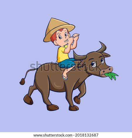cartoon child riding a buffalo	
