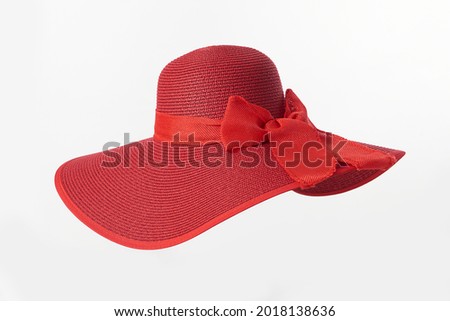 Vintage Panama hat, Woman hat isolated on white background, Women's beach hat, red hat. Royalty-Free Stock Photo #2018138636