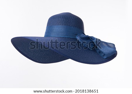 Vintage Panama hat, Woman hat isolated on white background, Women's beach hat, Blue hat. Royalty-Free Stock Photo #2018138651