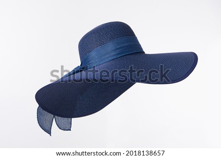 Vintage Panama hat, Woman hat isolated on white background, Women's beach hat, Blue hat. Royalty-Free Stock Photo #2018138657