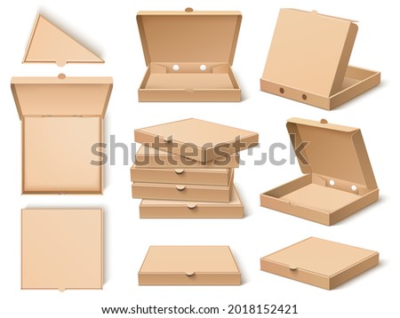 Cardboard pizza box. Realistic craft paper food packing template, open, closed, different viewing angles, single objects, stacks. Delivery craft square packaging vector set
