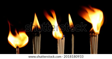 Set match stick ignited burning bright big fire flame isolated on black background and texture, clipping path