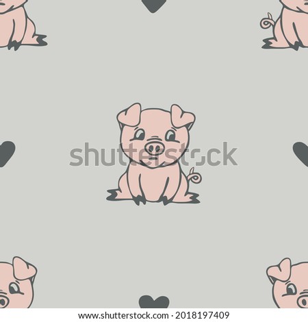 Seamless vector  pattern with little pig on cream white background. Simple repeat animal wallpaper design. Decorative cartoon piggy fashion textile.