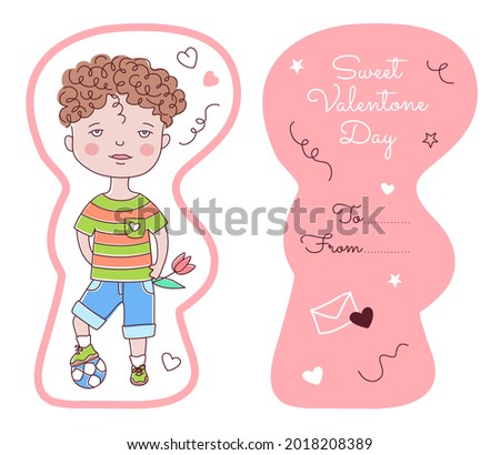 Boy Valentine's Kids Card template. Front and back sides with copy space for text. Editable stroke