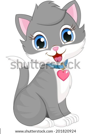Grey cat with a heart shaped necklace.