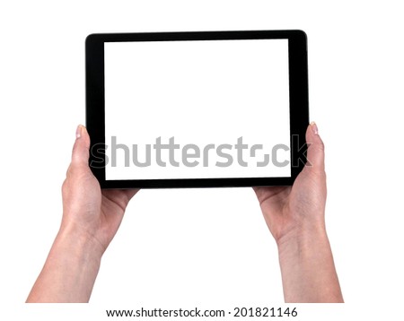 Tablet held in the women hands on a white background Royalty-Free Stock Photo #201821146