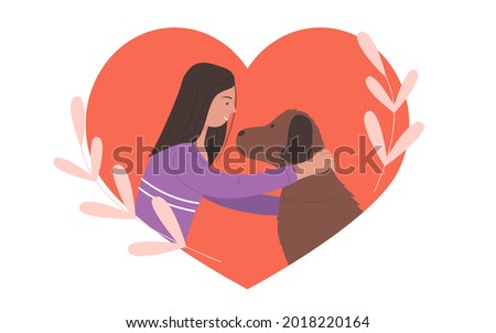Adopt dog, happy woman and doggy friend vector illustration. Cartoon young girl pet owner character and funny puppy inside pink heart, adoption, love and friendship with domestic animal isolated