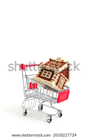 House in metal shopping basket on white background, concept of buying an apartment or house