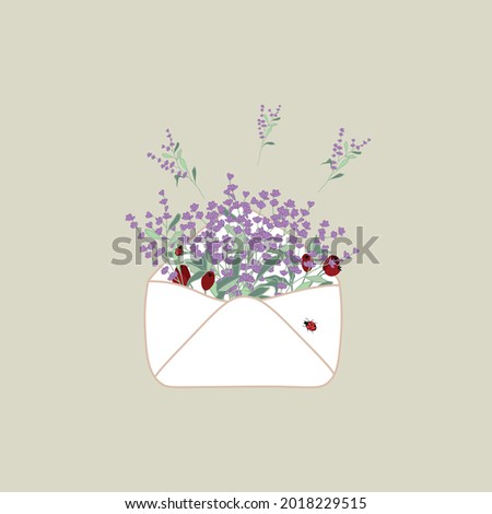 Vintage open envelope with hand drawn lavender flowers and ladybug. Cute stock vector illustration in simple cartoon style. Great for invitations and holiday greetings.