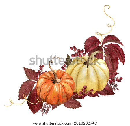 Watercolor pumpkin corner border clipart for thanksgiving invitation, greeting card, fall wedding clip art, harvest arrangement image isolated on white background