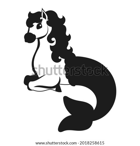 Cute mermaid horse. Black silhouette. Design element. Vector illustration isolated on white background. Template for books, stickers, posters, cards, clothes.