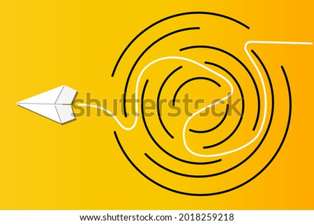Problem and solution concept with white origami paper plane getting out of the maze of problem. Way to go through the labyrinth. Solve the difficulties. Royalty-Free Stock Photo #2018259218